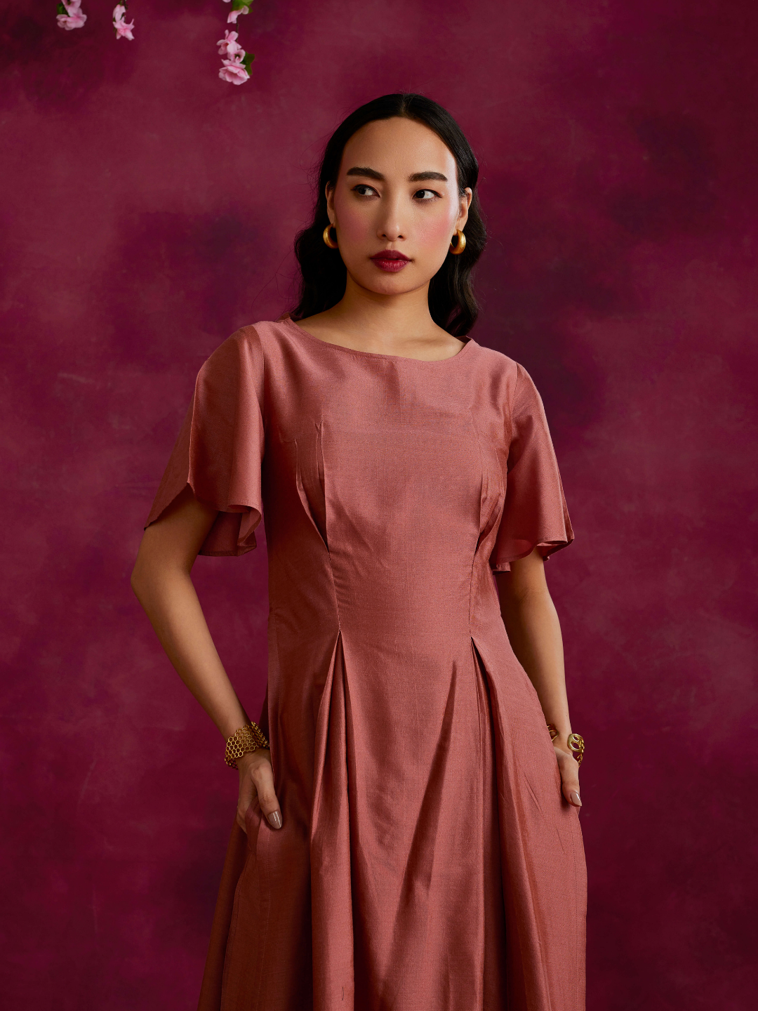 Pleated front with back cut out Kurta Set- Rose brown