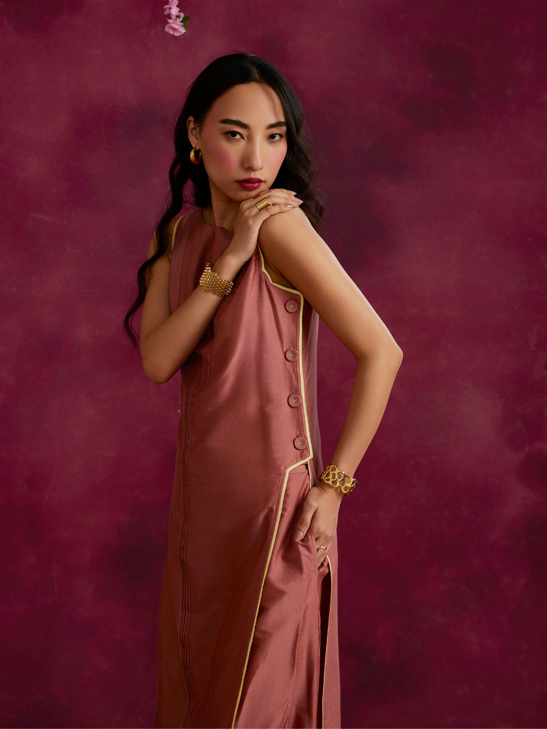 Pleated front & side-buttoned kurta paired with pleated harem pants- Rose brown