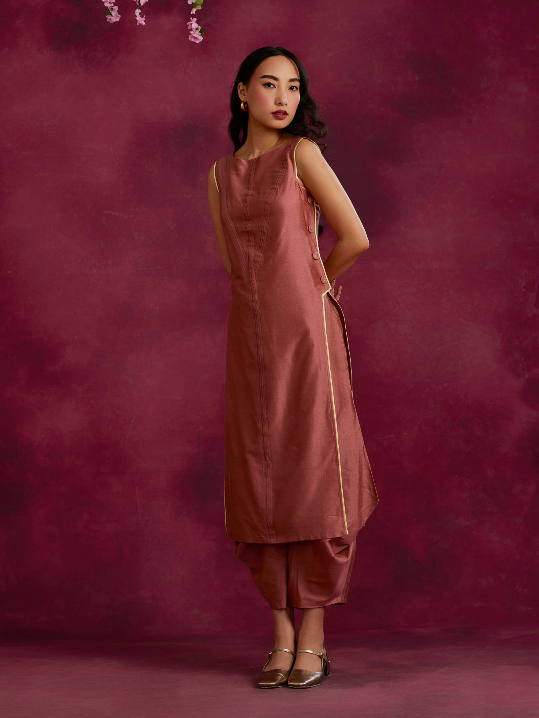 Pleated front & side-buttoned kurta paired with pleated harem pants- Rose brown