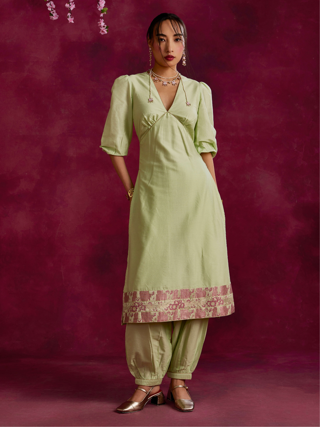Back tie-up kurta with zari border hem paired with pathani pants- Pistachio green