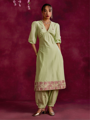 Back tie-up kurta with zari border hem Set- Pistachio green