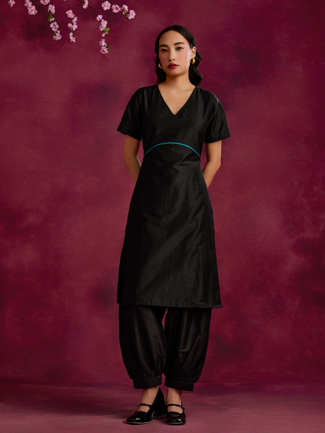 Straight kurta with contrast floral zari slits paired with pathani pants- Black