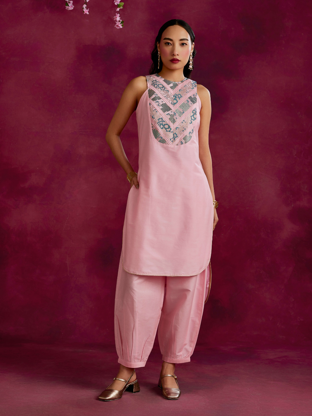 High-low hem kurta with pleated zari yoke paired with pathani pants- Sakura pink