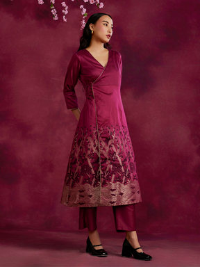 Angrakha kurta Set with zari work hem - Cabaret pink