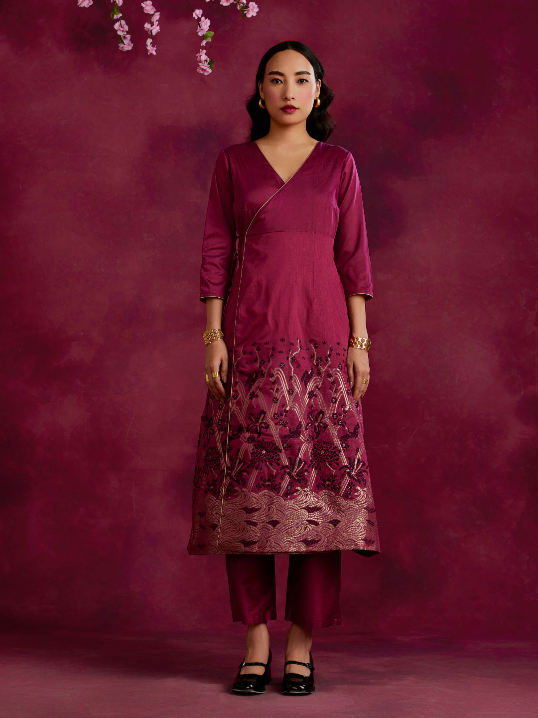 Angrakha kurta with zari work hem paired with straight pants- Cabaret pink