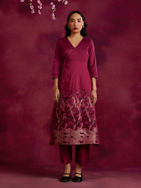 Angrakha kurta Set with zari work hem - Cabaret pink