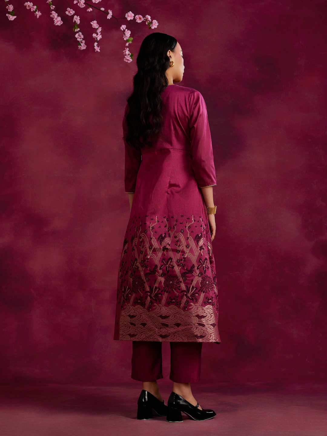 Angrakha kurta Set with zari work hem - Cabaret pink