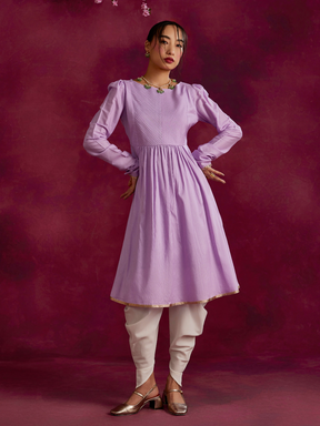 Pintucked yoke flared kurta paired with dhoti pants- Lavender