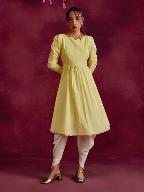 Pintucked yoke flared kurta paired with dhoti pants- Lemon yellow