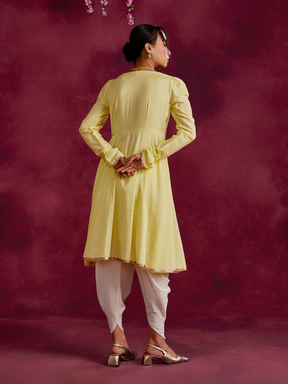 Pintucked yoke flared kurta paired with dhoti pants- Lemon yellow