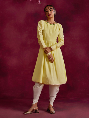 Pintucked yoke flared kurta paired with dhoti pants- Lemon yellow