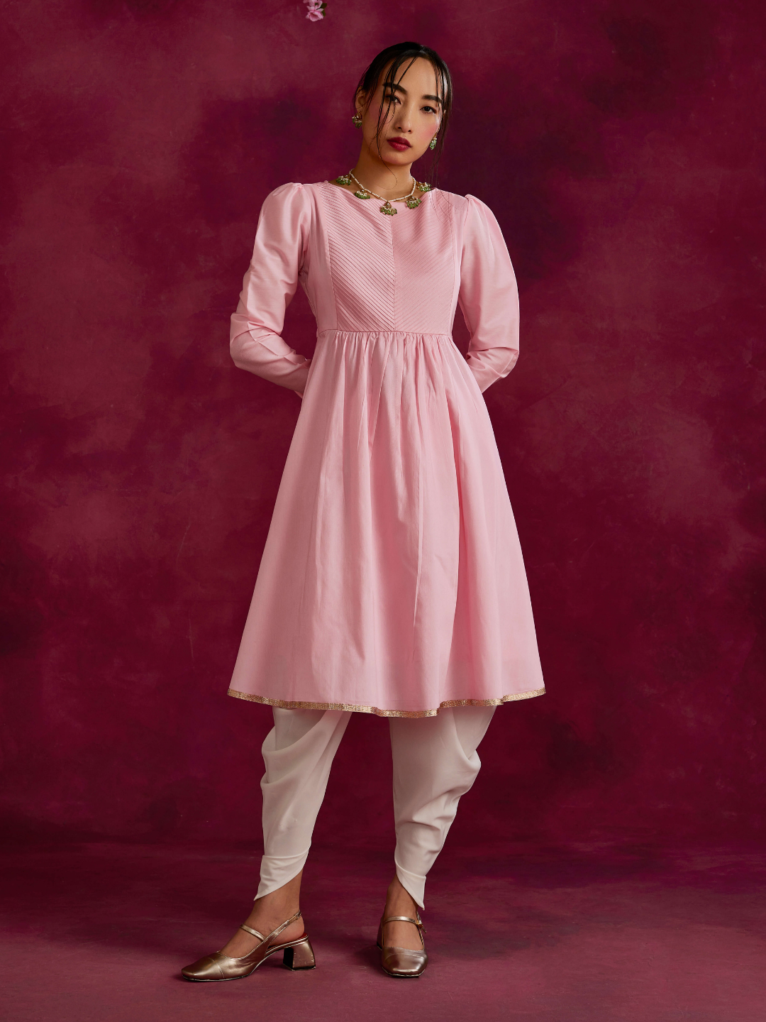 Pintucked yoke flared kurta paired with dhoti pants- Sakura pink