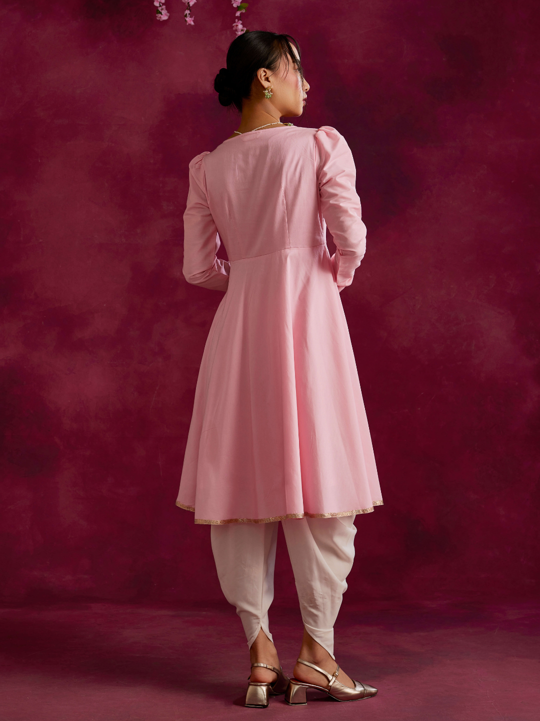 Pintucked yoke flared kurta paired with dhoti pants- Sakura pink