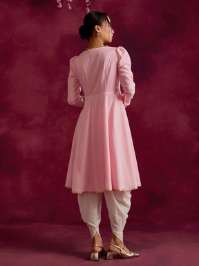 Pintucked yoke flared kurta paired with dhoti pants- Sakura pink