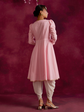 Pintucked yoke flared kurta Set- Sakura pink