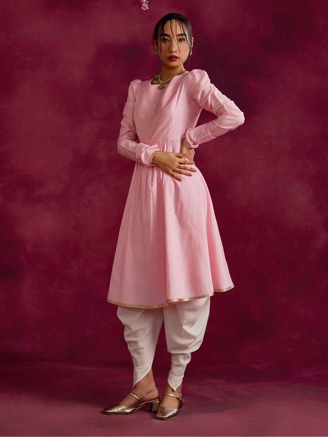 Pintucked yoke flared kurta paired with dhoti pants- Sakura pink