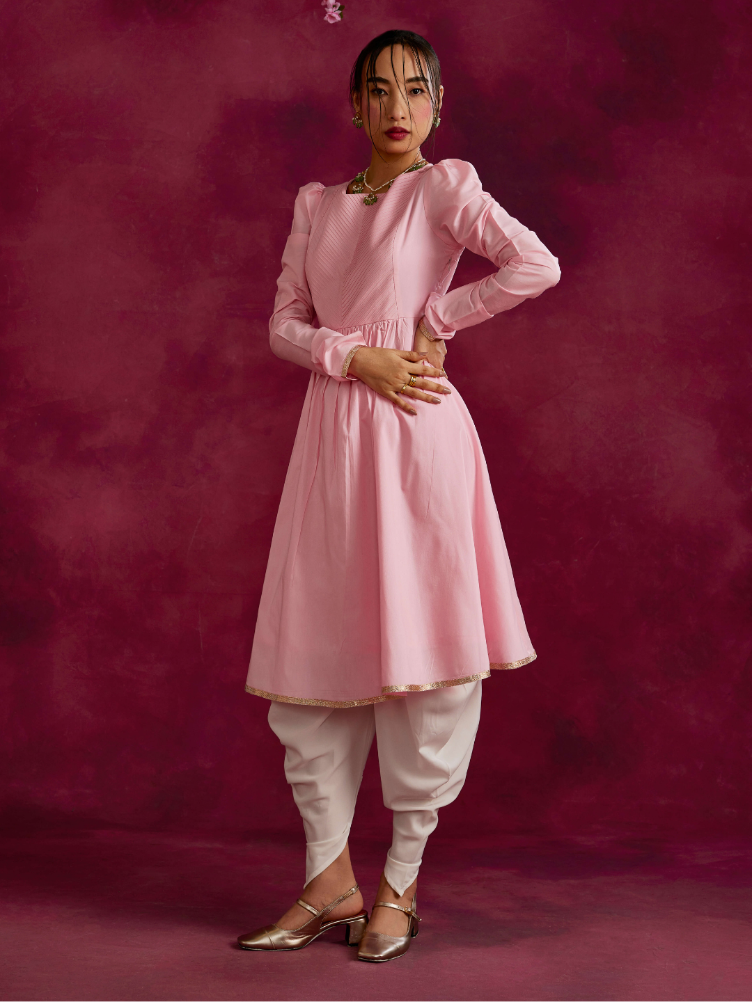 Pintucked yoke flared kurta Set- Sakura pink