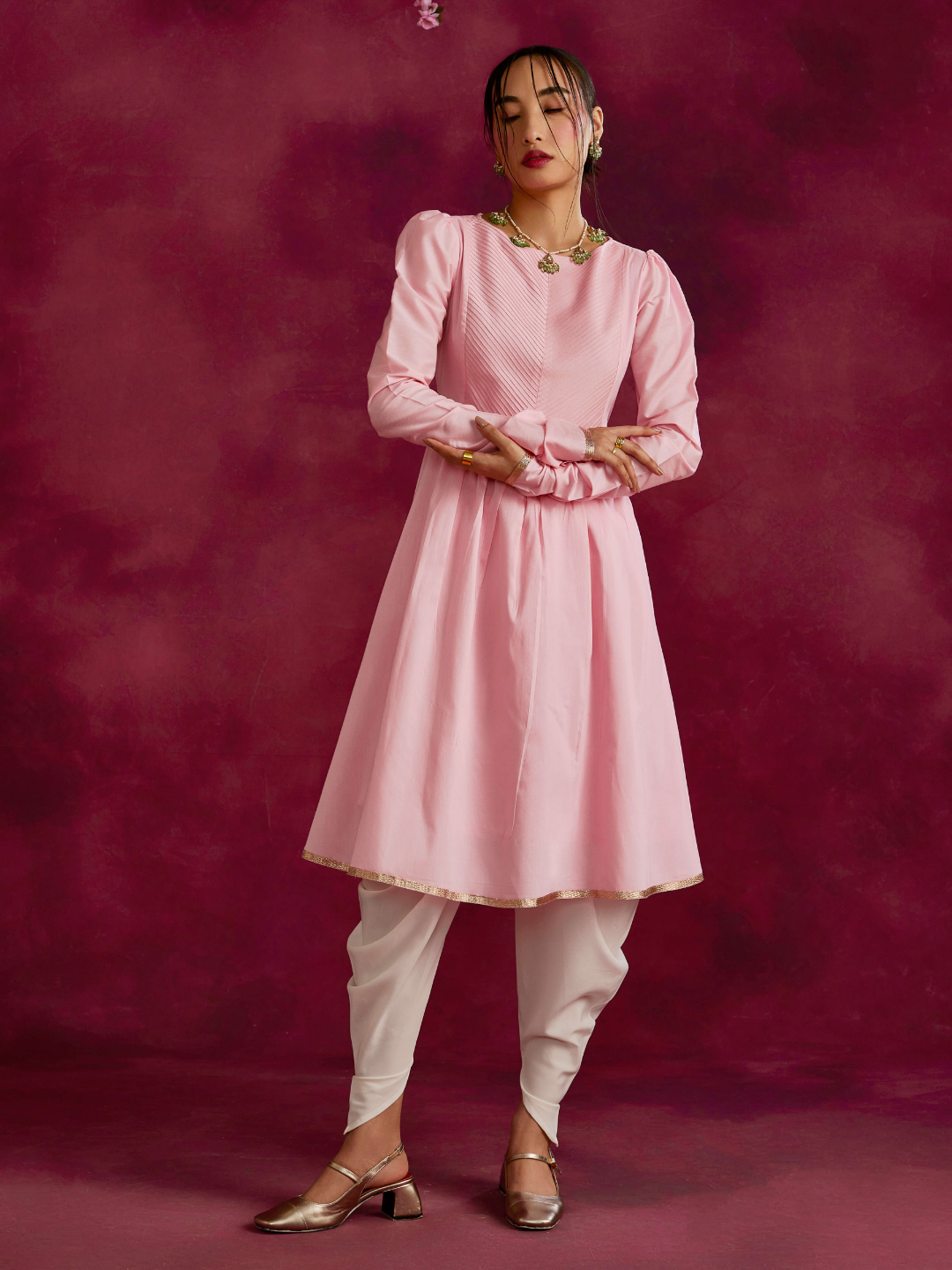 Pintucked yoke flared kurta paired with dhoti pants- Sakura pink
