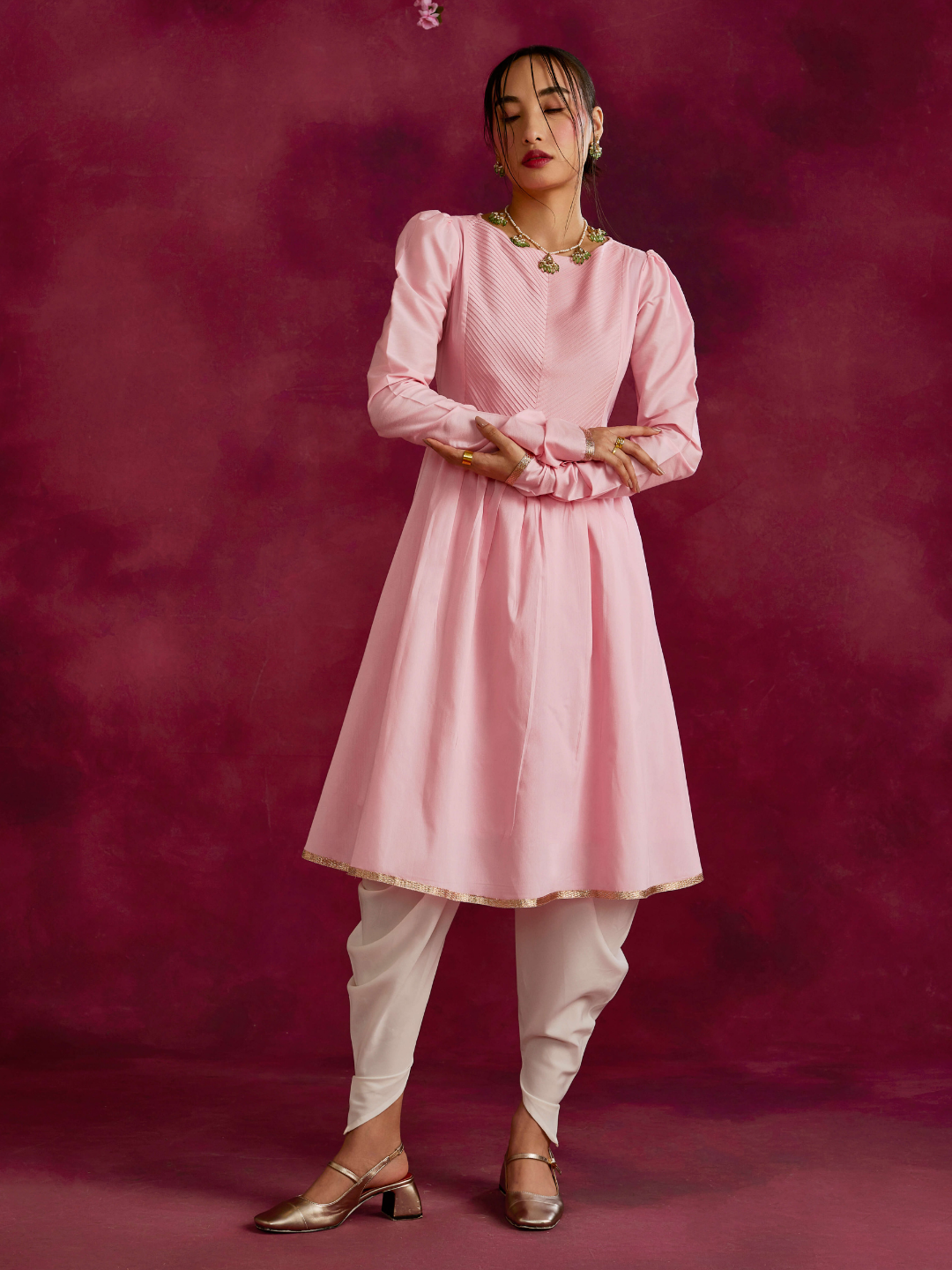 Pintucked yoke flared kurta Set- Sakura pink