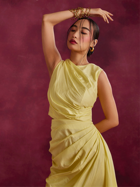 Pleated drape top & skirt co-ord set- Lemon yellow