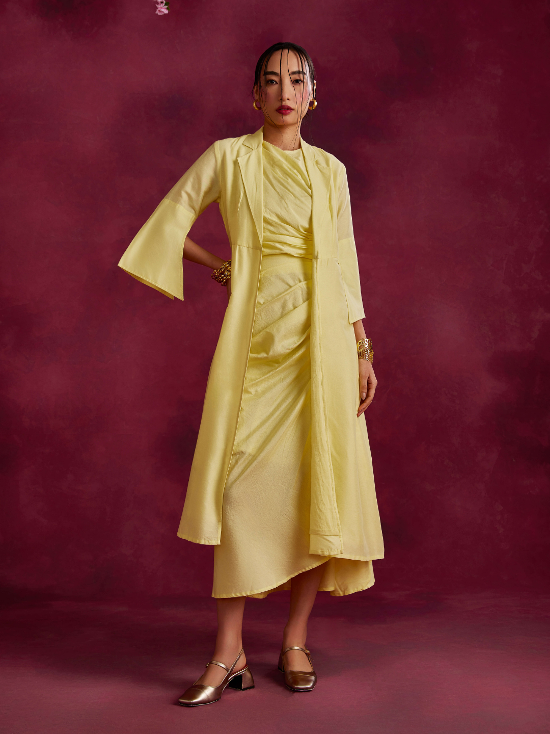 Pleated drape top & skirt co-ord set layered with flared jacket- Lemon yellow