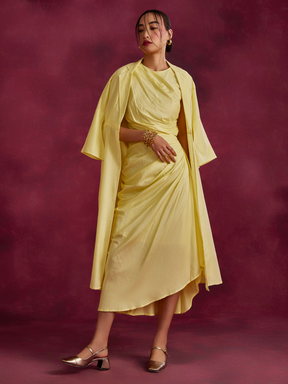 Pleated drape top & skirt co-ord set layered with flared jacket- Lemon yellow