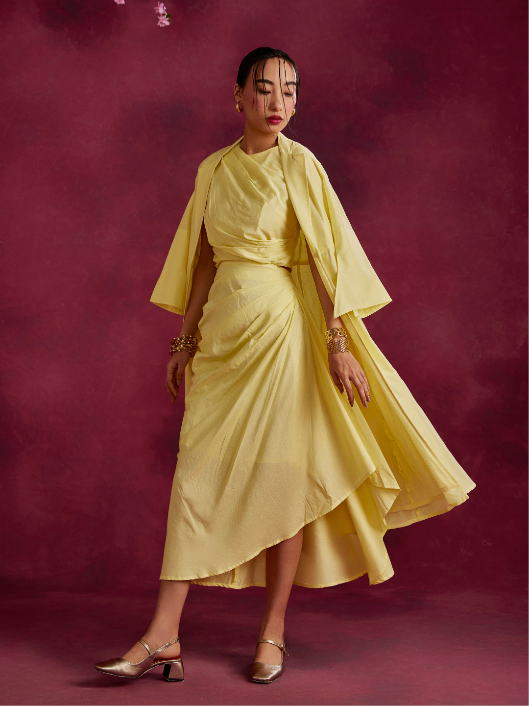 Pleated drape top & skirt co-ord set layered with flared jacket- Lemon yellow