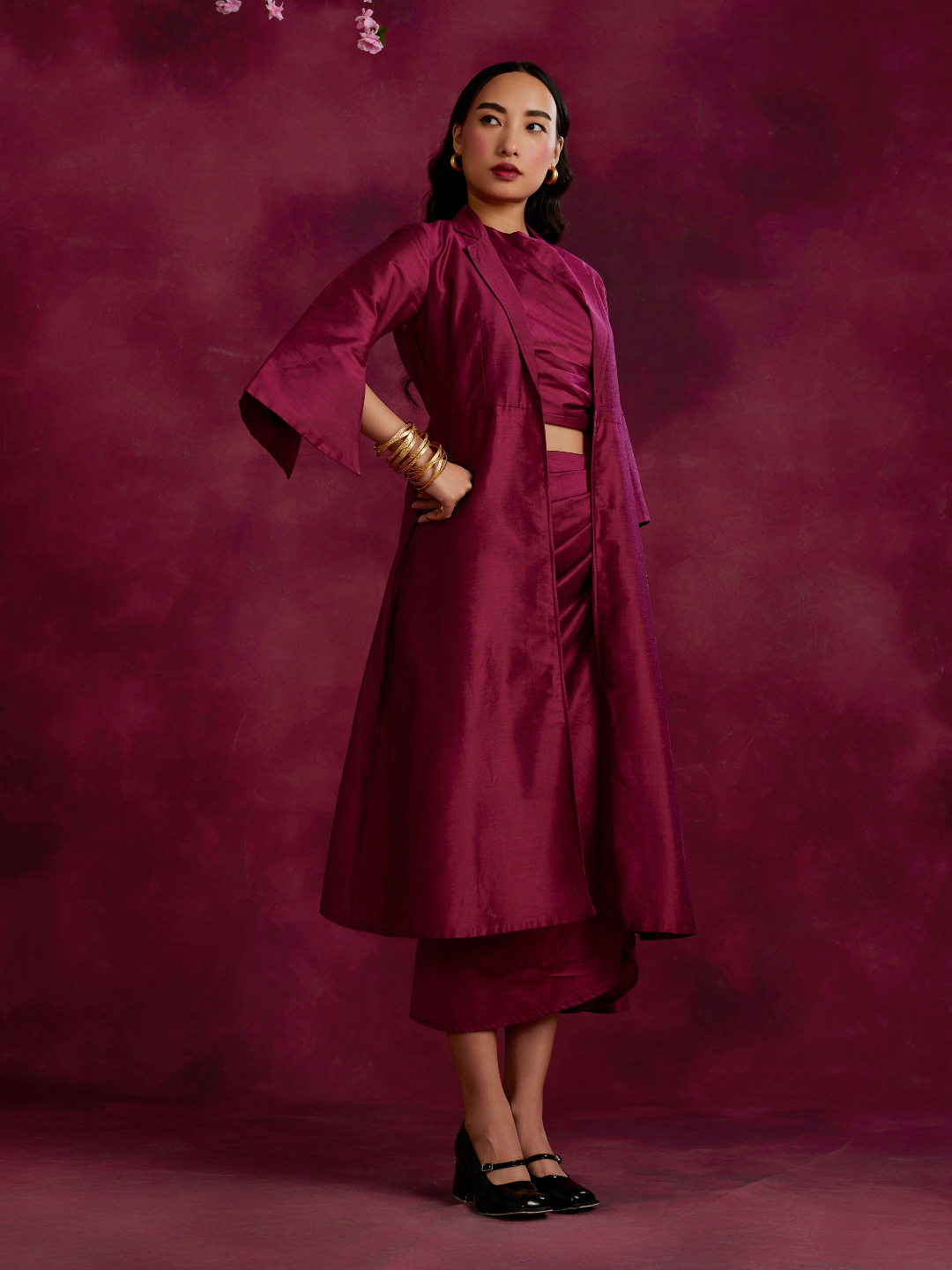 Pleated drape top & skirt co-ord set layered with flared jacket- Cabaret pink