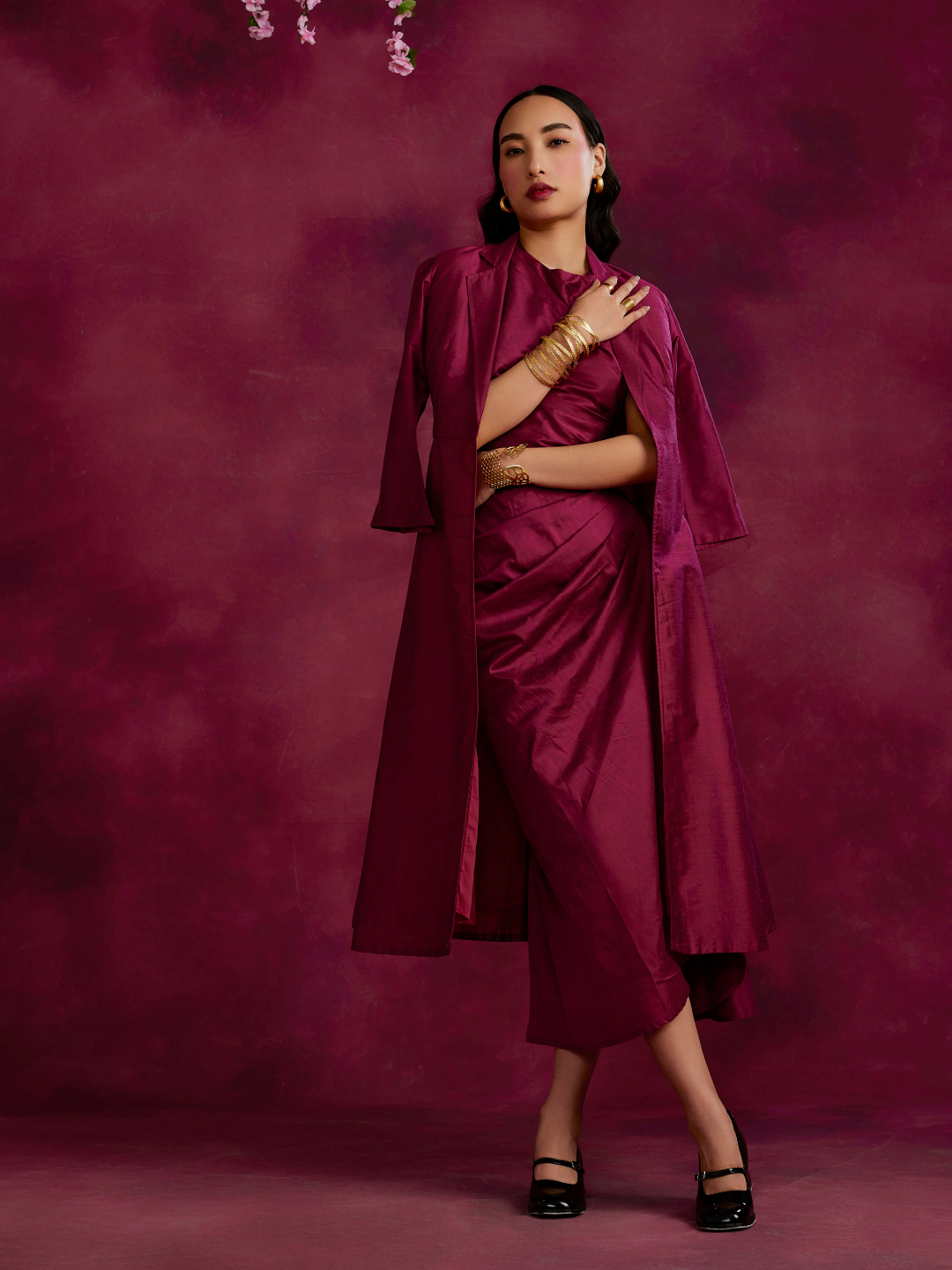 Pleated drape top & skirt co-ord set layered with flared jacket- Cabaret pink
