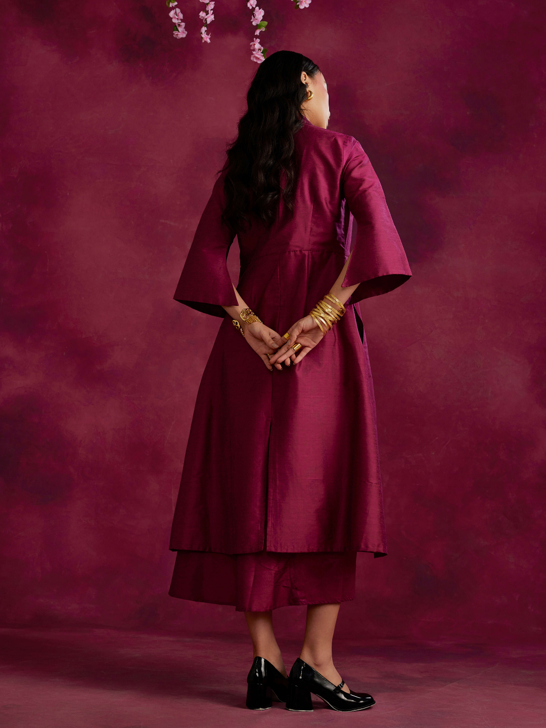 Pleated drape top & skirt co-ord set layered with flared jacket- Cabaret pink