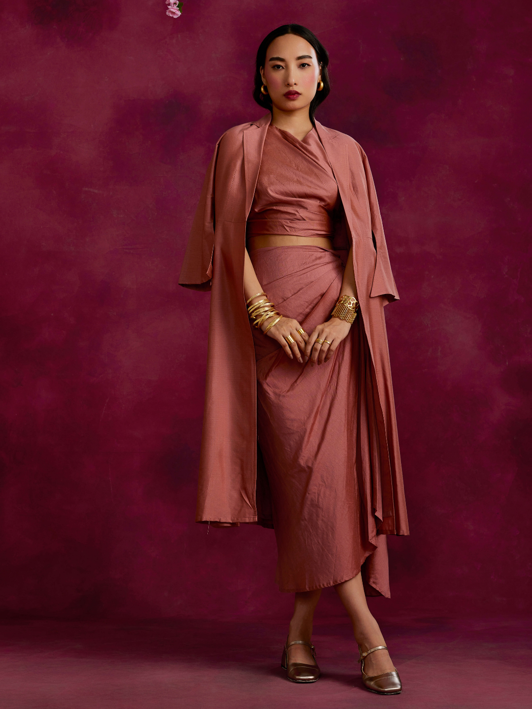 Pleated drape top & skirt co-ord set layered with flared jacket- Rose brown