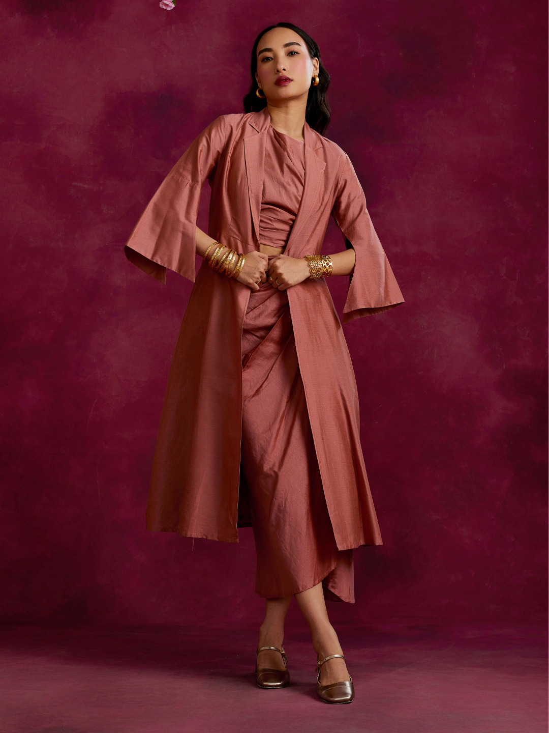Pleated drape top & skirt co-ord set layered with flared jacket- Rose brown