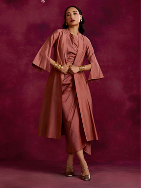 Pleated drape top & skirt co-ord set layered with flared jacket- Rose brown