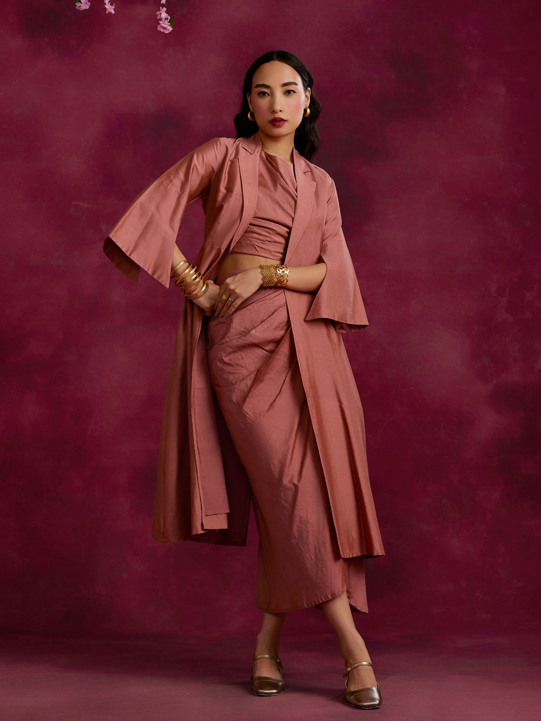 Pleated drape top & skirt co-ord set layered with flared jacket- Rose brown