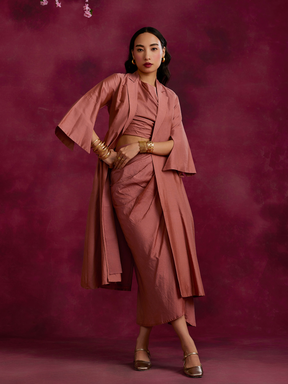 Pleated drape top & skirt co-ord set layered with flared jacket- Rose brown