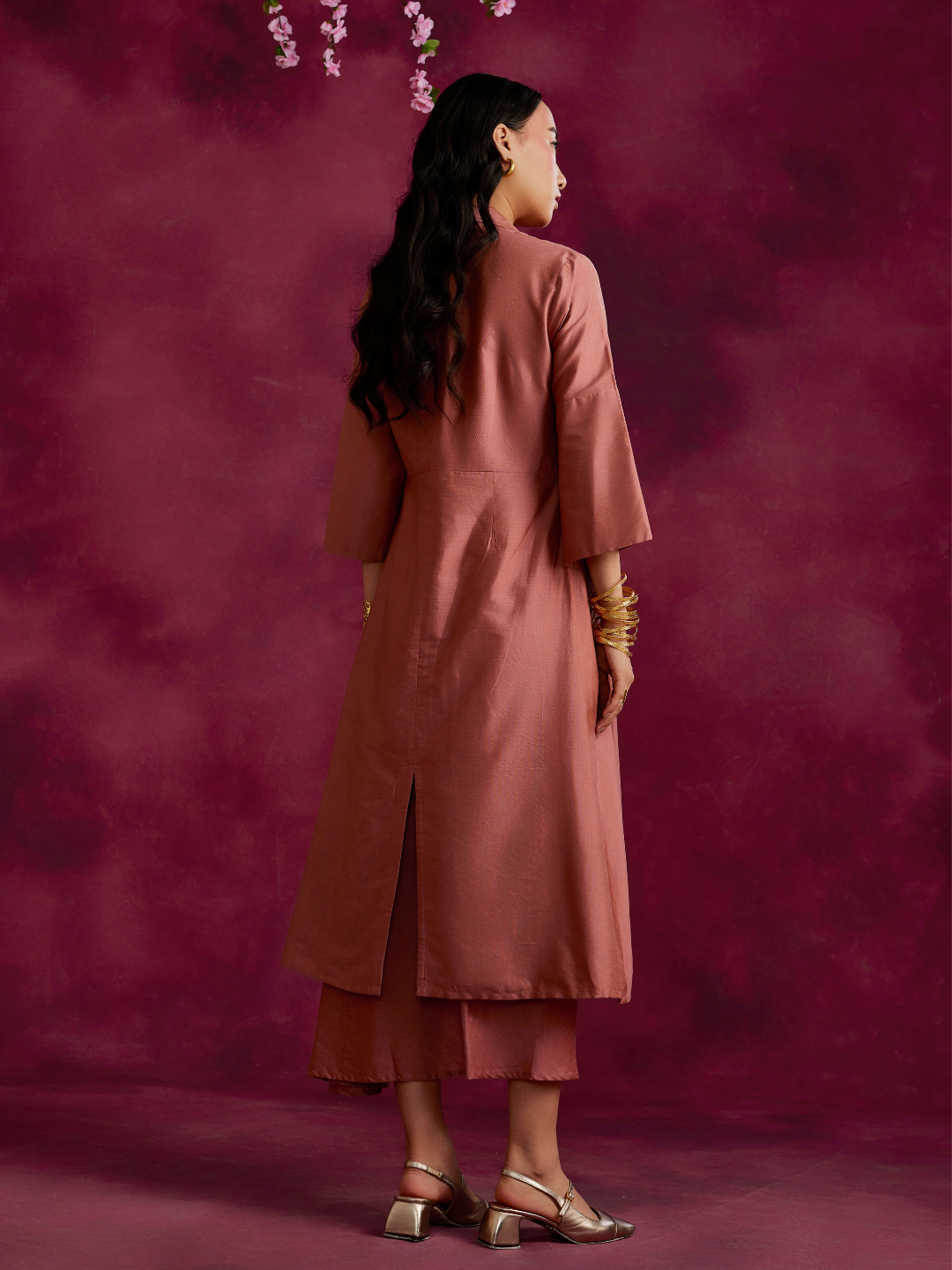 Pleated drape top & skirt co-ord set layered with flared jacket- Rose brown