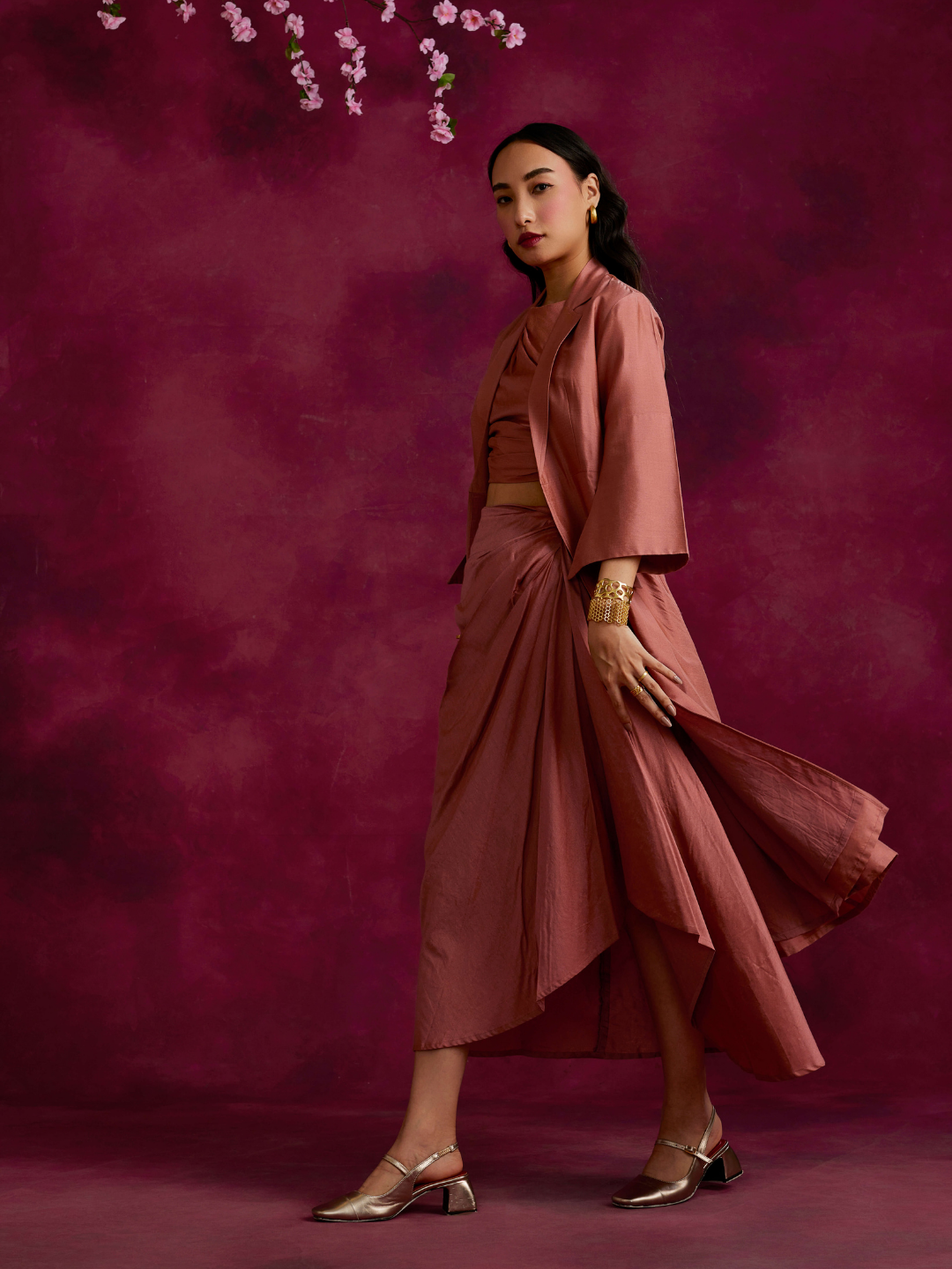 Pleated drape top & skirt co-ord set layered with flared jacket- Rose brown