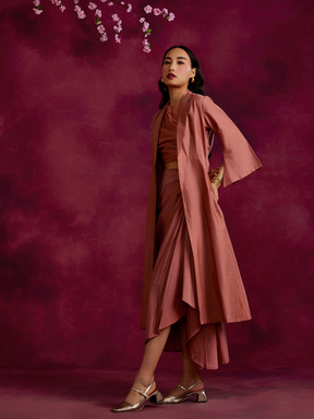 Pleated drape top & skirt co-ord set layered with flared jacket- Rose brown