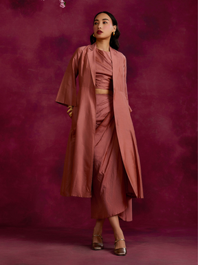 Pleated drape top & skirt co-ord set layered with flared jacket- Rose brown