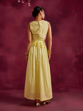 Pleated drape top with box pleated skirt- Lemon yellow