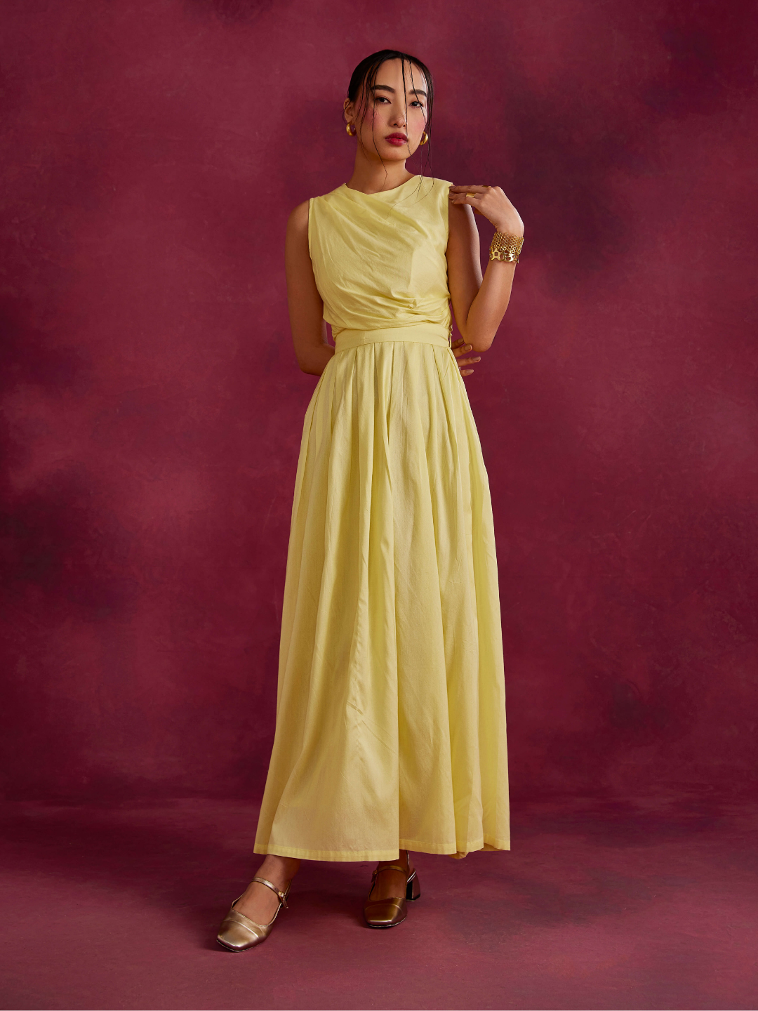 Pleated drape top with box pleated skirt- Lemon yellow