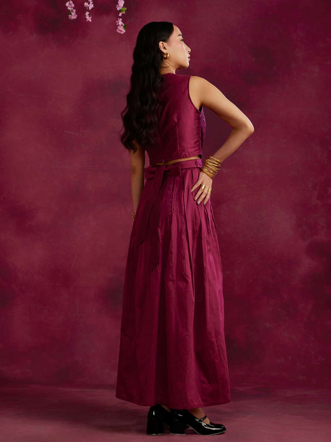 Pleated drape top with box pleated skirt- Cabaret pink