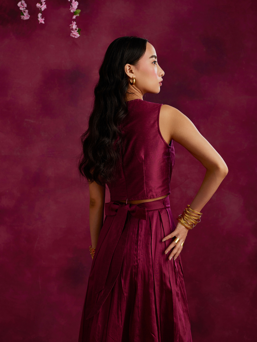 Pleated drape top with box pleated skirt- Cabaret pink