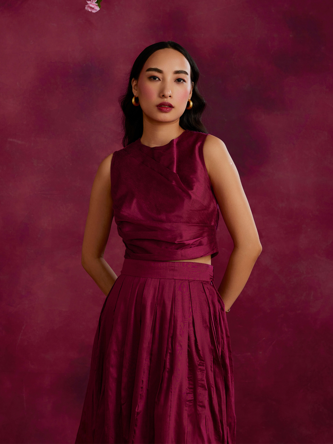 Pleated drape top with box pleated skirt- Cabaret pink