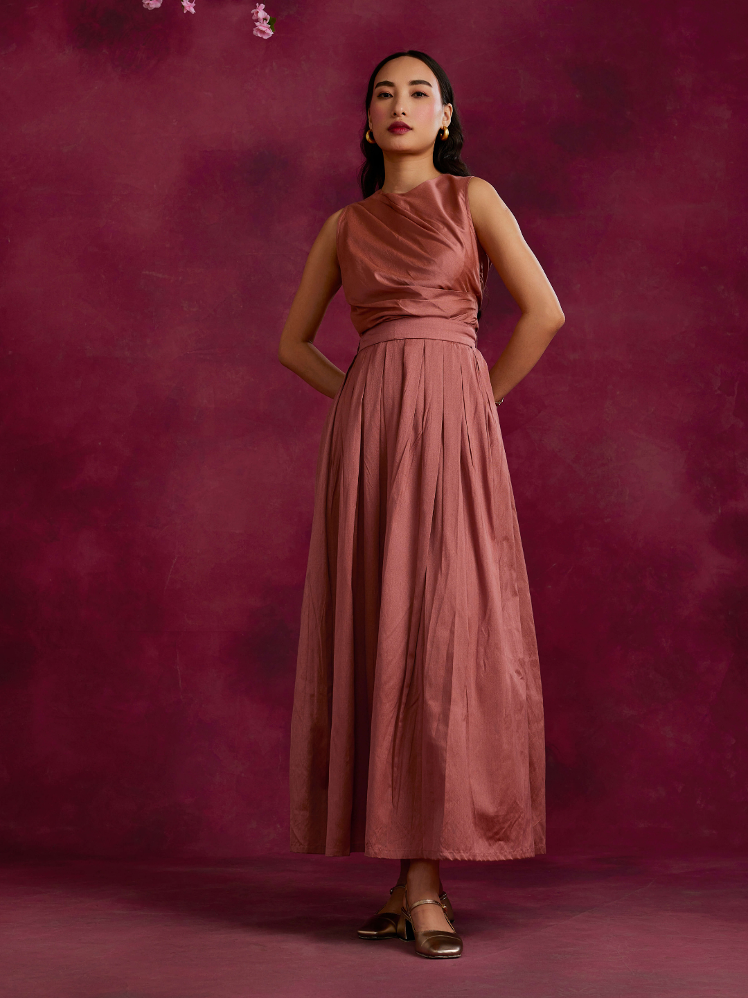 Pleated drape top with box pleated skirt- Rose brown