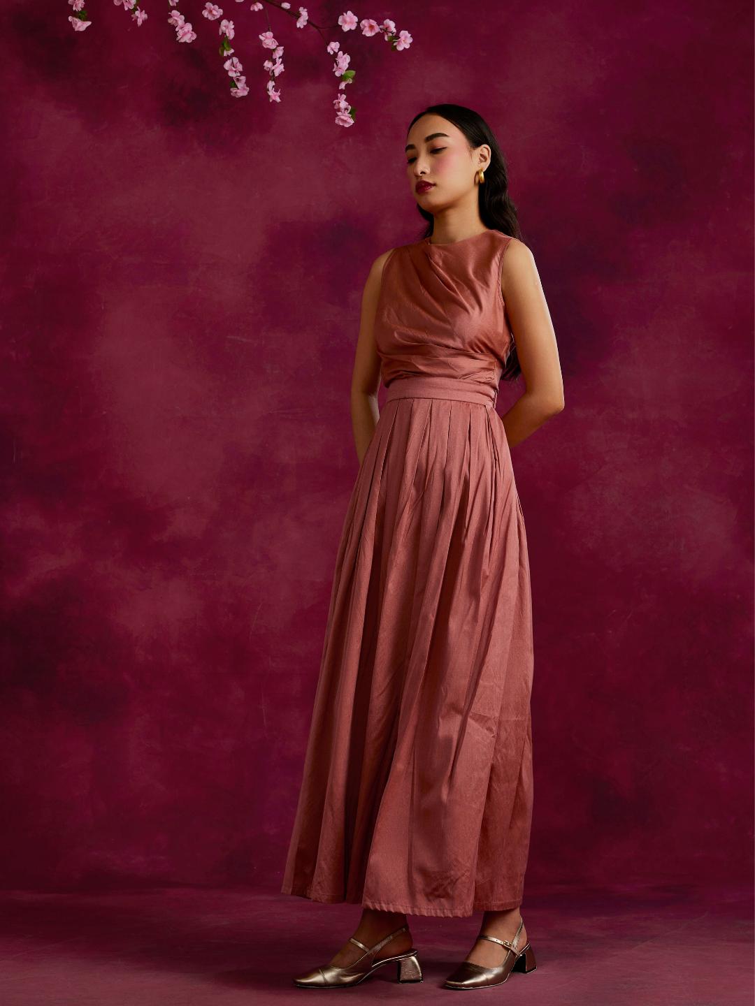 Pleated drape top with box pleated skirt- Rose brown