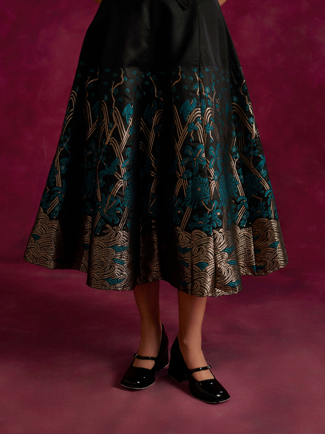 Waist coat top with zari work pleated skirt- Black