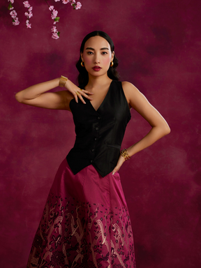 Waist coat top with zari work pleated skirt- Cabaret pink
