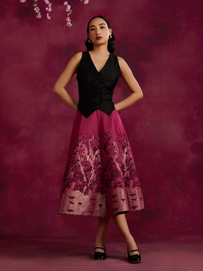 Waist coat top with zari work pleated skirt- Cabaret pink