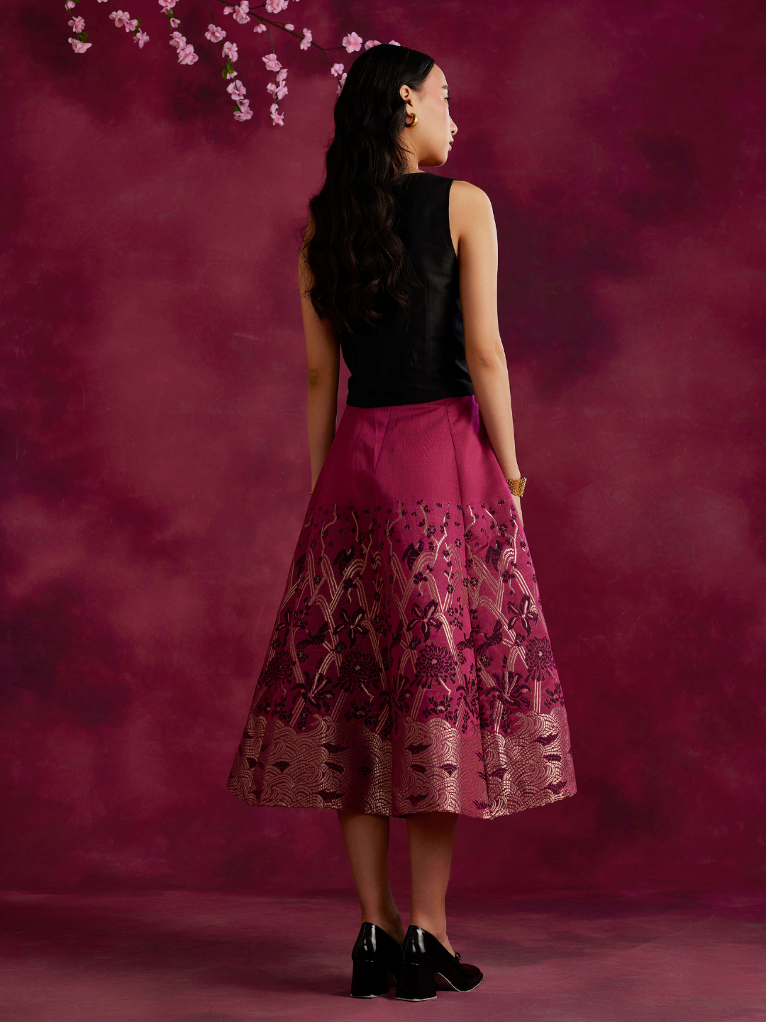 Waist coat top with zari work pleated skirt- Cabaret pink